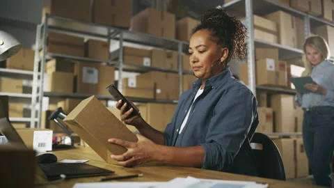 Warehouse Employee Registering Parcel Using Laptop Stock Footage 218419736