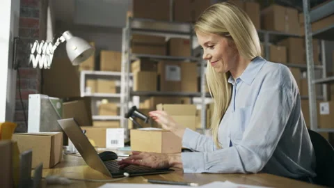 Warehouse Employee Registering Parcel Using Laptop Stock Footage 218419784