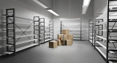 Warehouse with empty metal racks and pile stacked sealed cardboard boxes on Stock Illustration