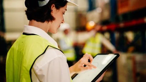 Warehouse engineer with safety vest using tablet for checking goods on shelves Stock Photos