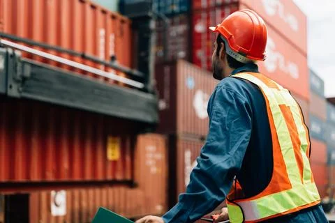 Warehouse engineer worker working at industrial container yard 写真素材