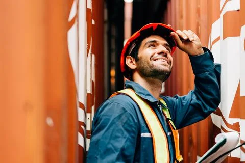 Warehouse engineer worker working at industrial container yard Stock Photos
