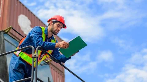 Warehouse engineer worker working at industrial container yard Stock Photos