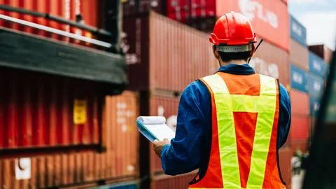 Warehouse engineer worker working at industrial container yard Stock Photos