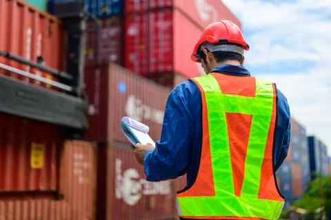 Warehouse engineer working at container yard Stock Photos