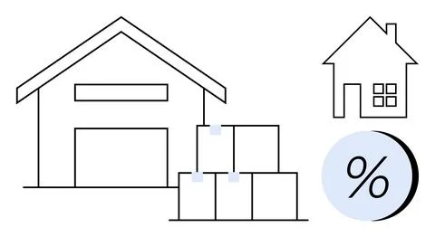Warehouse Facility with Stacked Boxes, Home Icon, and Percentage Symbol 스톡 일러스트