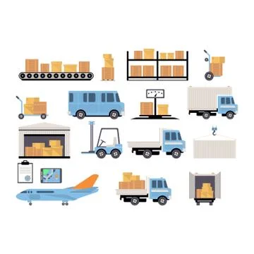 Warehouse flat set of logistics packing process delivery services isolated icon Stock Illustration