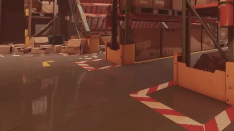 Warehouse floor with packing materials and safety markings in storage area Stock Footage 342047335