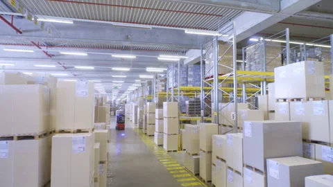 Warehouse forklift driver moving goods cardboard boxes wide shot Stock Footage 248647713