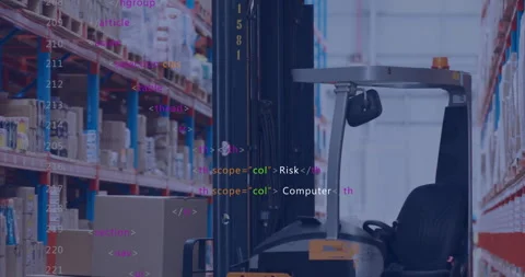 In warehouse, forklift operating with computer code animation overlaying scene 스톡 동영상 304076807