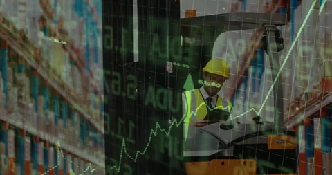 Warehouse forklift operator lifting while checking tablet and verifying stock Video stock 310643723