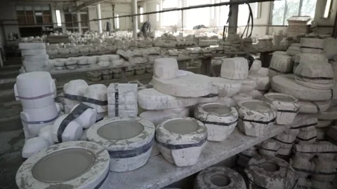 Warehouse of forms for baking clay dishes. Wooden shelf. Perspective. Video stock 130526494
