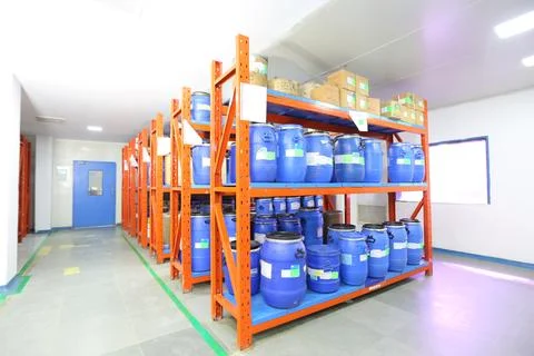 Warehouse full of containers on rack for storage in pharmaceutical Stock Photos