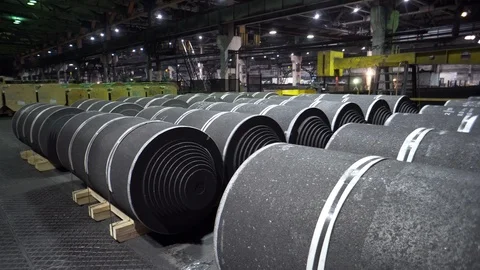 Warehouse graphite coils at the electrode factory in Russia. Production facility Stock Footage 116232086