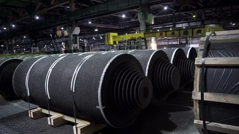 Warehouse graphite coils at the electrode factory in Russia. Production facility Stock Footage 116232728