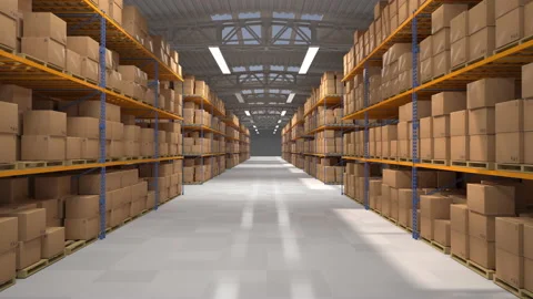 Warehouse hall with boxes and orders, the light turns on. Industrial interior of Stock Footage 204016138
