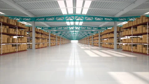 Warehouse hall with boxes and orders, the light turns on. Industrial interior of Stock Footage 210801779