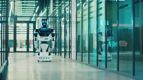 Warehouse hall with a cyborg crossing it Stock Footage 145386966