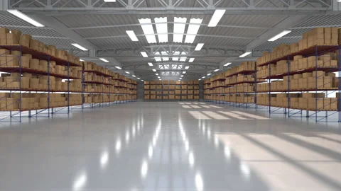 Warehouse hall, the light turns on. The camera shows a storage room with shelves Video stock 221192289