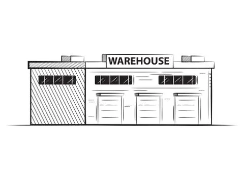 Warehouse hand drawn building.Vector illustration black ink. Ilustración de archivo