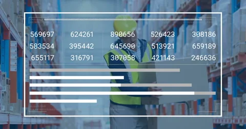 Warehouse handler lifting boxes causing animated charts tracking metrics while Stock Footage 309894060