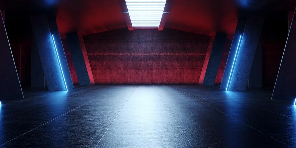 Warehouse Hangar Sci Fi Neon Laser Lights Concrete Cement Garage Showroom R.. Illustrazione stock