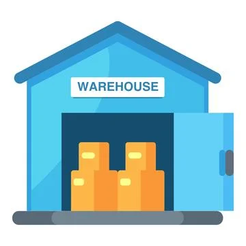 Warehouse icon showing a storage facility with goods, symbolizing business Stock Illustration