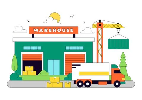 Warehouse Illustration Featuring Logistics Distribution Center, Cargo Trans.. Stockillustratie