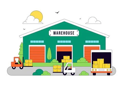 Warehouse Illustration Featuring Logistics Distribution Center, Cargo Trans.. Stockillustratie