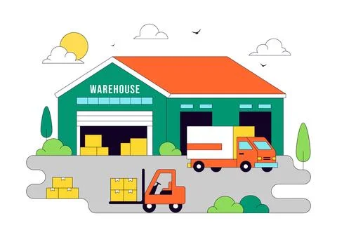 Warehouse Illustration Featuring Logistics Distribution Center, Cargo Trans.. Illustrazione stock