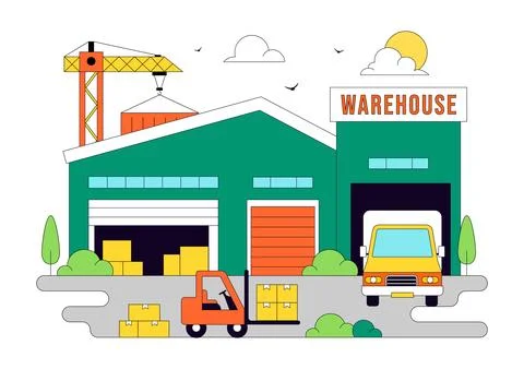 Warehouse Illustration Featuring Logistics Distribution Center, Cargo Trans.. Stockillustratie