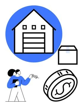 Warehouse inside blue circle, delivery box, woman holding clipboard and point Stock Illustration
