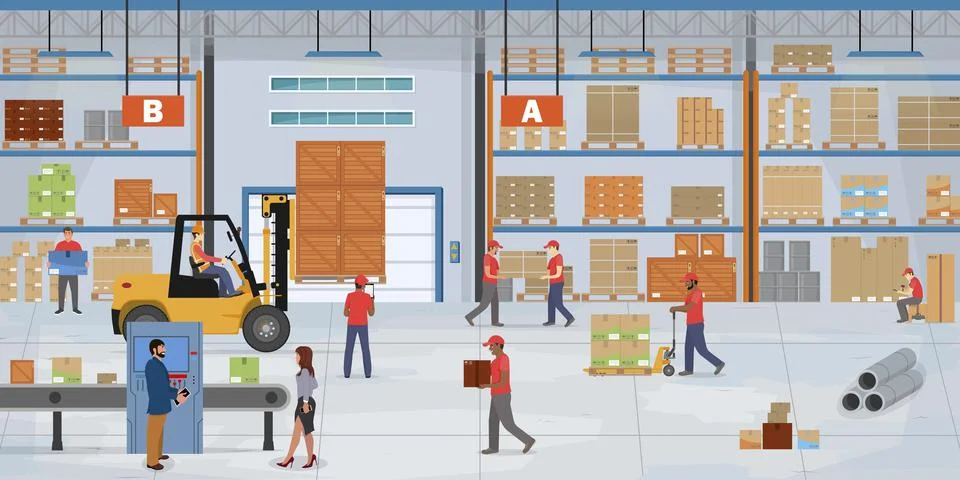 Warehouse inside, warehouse workers work in the warehouse. Workers arrange Stock Illustration