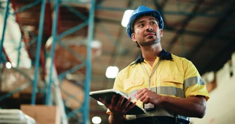 Warehouse, inspection or man scroll with tablet for storage check, export Stock Footage 321062612