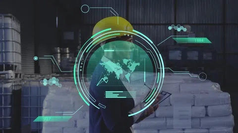 Warehouse inspector tapping tablet and updating HUD data while inspecting Stock Footage 334884152