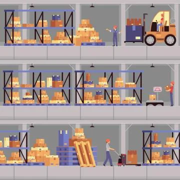 Warehouse interior banner set - flat cartoon storage facility staff working Stock Illustration