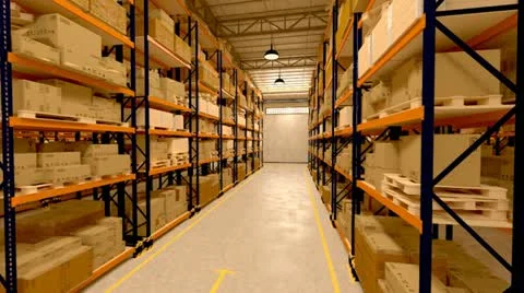 Warehouse interior boxes logistics industry. Factory cargo goods storage package Stock Footage 21816327