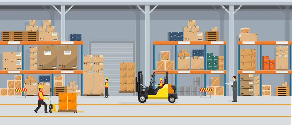 Warehouse Interior with Boxes On Rack And People Working. Flat vector and solid Stock Illustration