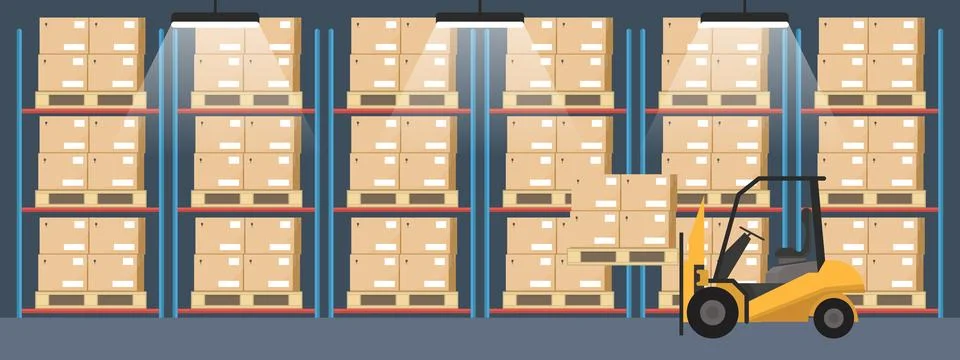 Warehouse interior with boxes on a rack, and a forklift. Flat vector and so.. Illustrazione stock