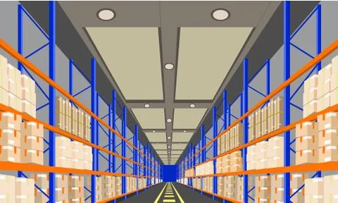 Warehouse Interior with Boxes On Rack perspective front viewpoint. Vector with Stock Illustration