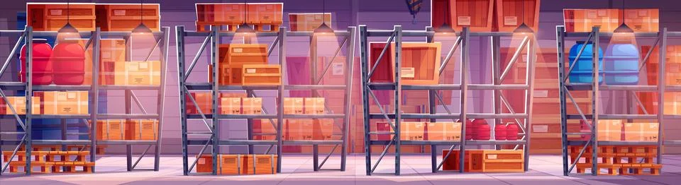Warehouse interior with boxes on shelves Ilustración de archivo