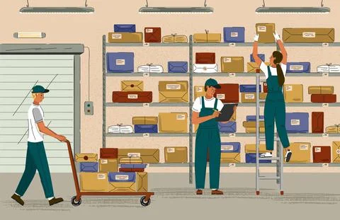 Warehouse interior concept vector illustration. Shelves with boxes and cardboard Illustration