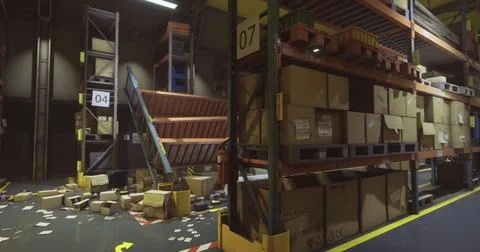 Warehouse interior with disorganized boxes and inventory shelves during dayti Stock Illustration
