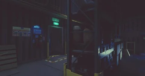 Warehouse interior during night time featuring storage equipment and exit sig Stock Illustration