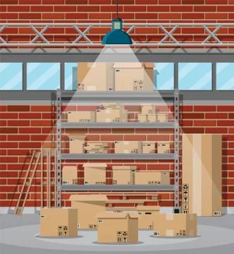 Warehouse interior with goods and container Illustrazione stock