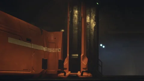 Warehouse interior with large orange containers and dim lighting Stock Footage 343566924