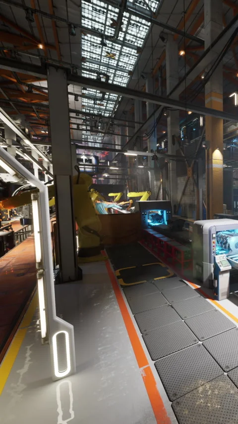 Warehouse interior with machinery and bright overhead lights during daytime Stock Footage 337901245