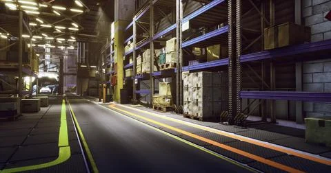 Warehouse interior with organized storage and illuminated pathways for moveme Stock Illustration