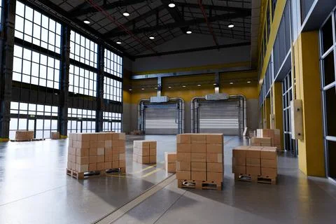 Warehouse interior with palletized boxes and loading bays in 3D render. 3d Stock Illustration