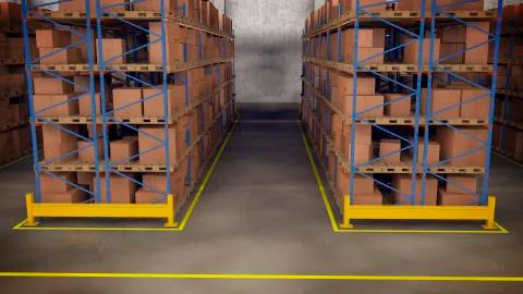 Warehouse interior with racks and crates Illustrazione stock